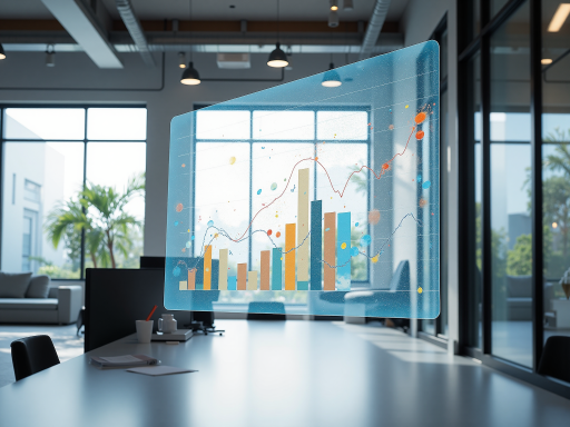 现代化办公环境展示，包含智能设备和数据分析界面，明亮自然光，科技感强